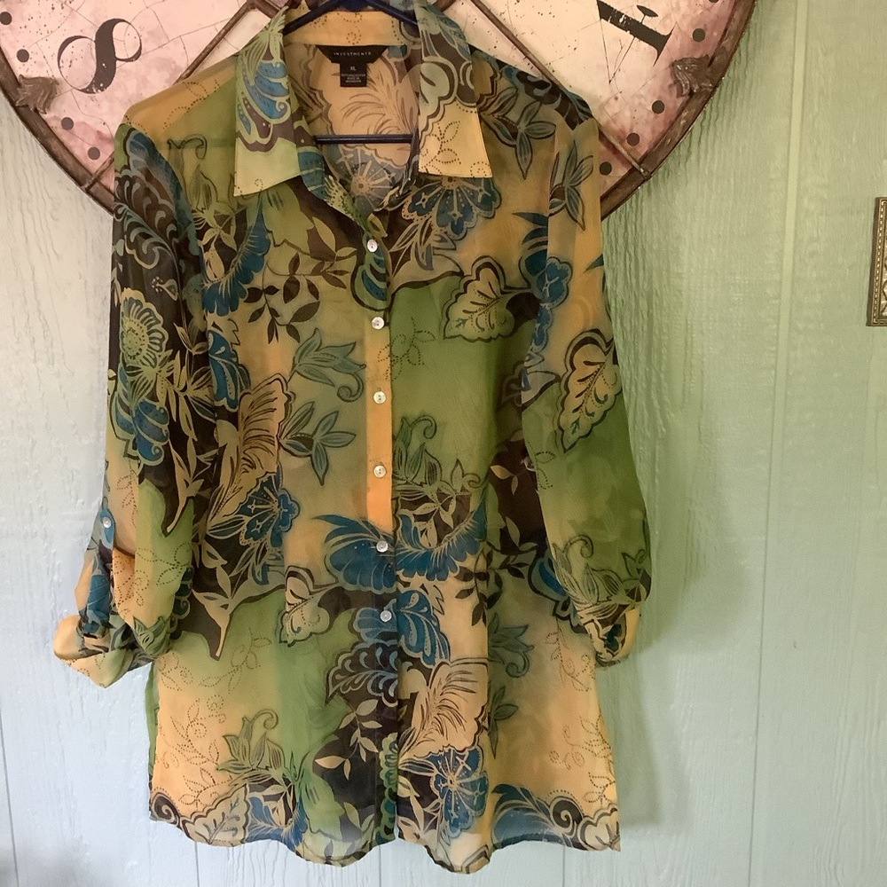 Investments Size XL Multicolor long sleeve sheer patterned tunic top